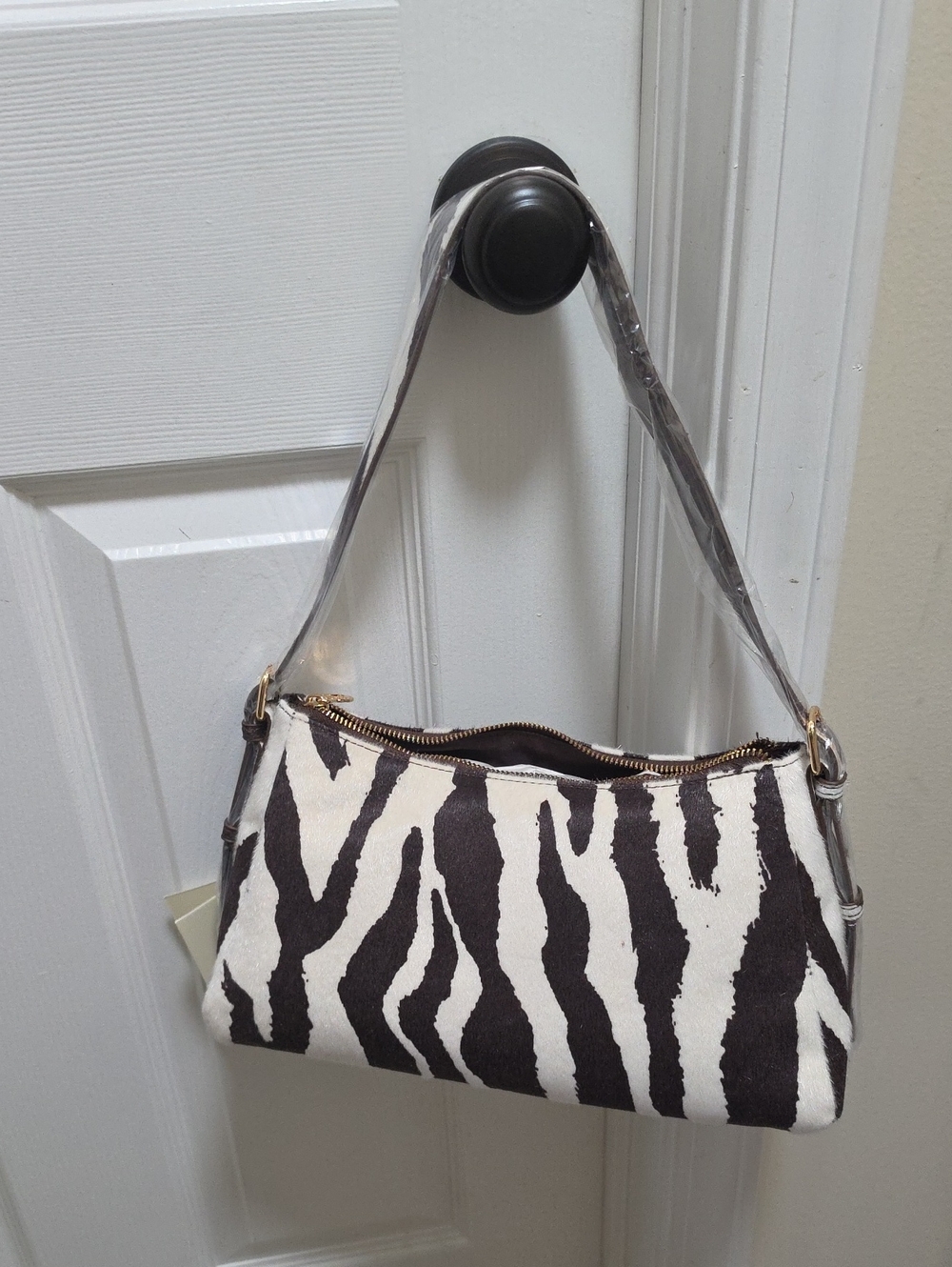 Valentino Orlandi Brown and White Zebra-Print Shoulder Bag with Gold Hardware